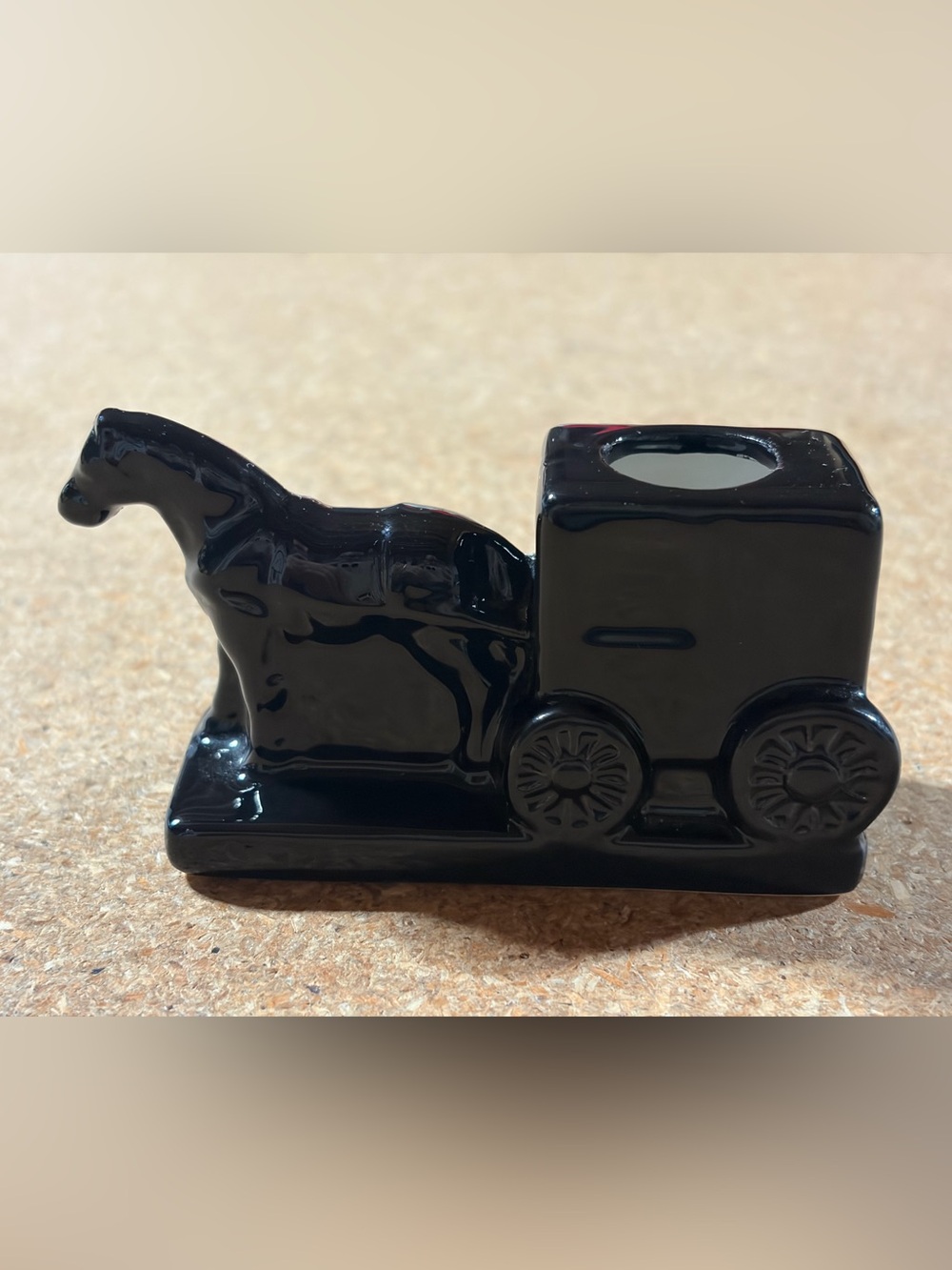 Vintage Ceramic Amish Black Horse & Buggy Carriage Toothpick Holder Collectible